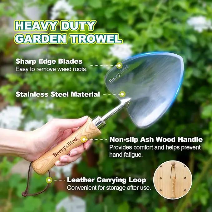 Berry&Bird Potting Trowel, Oversized Garden Hand Shovel with Sharp Blade & Wood Handle, Stainless Steel Gardening Tool for Roots, Planting, Digging, Transplanting, Soil Loosening and Fertilizer Mixing by GreenHaven Gardens
