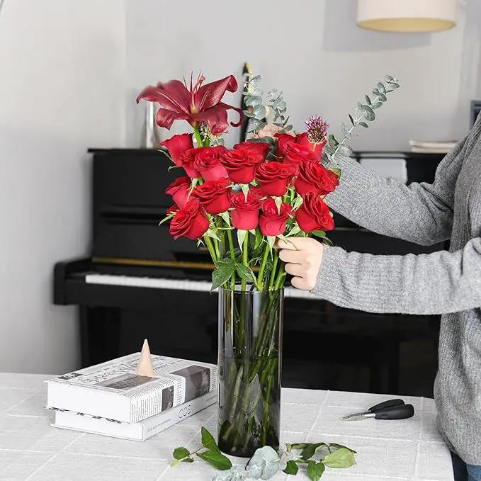 Flower Vase, Non-breakable Vases, 4" W x 10" H, Acrylic Grey Vase, Aesthetic Room Decor Cylindrical Modern Flower Vases for Table Centerpiece, Home Decor, Women Floral Arrangement Gift by GreenHaven Gardens