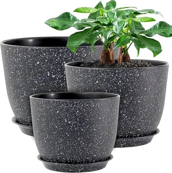 12/10/9 Large Modern Plant Pots, Plastic Planters with Drainage Holes and Saucers for Indoor Outdoor Plants Flowers, Black Speckles by GreenHaven Gardens