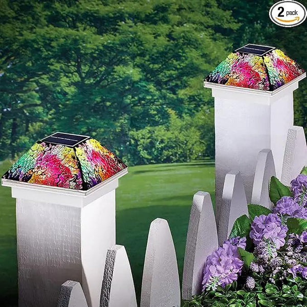 2PK Mosaic Solar Post Cap Lights Outdoor for 4x4, 3.5x3.5 Post Crackled Glass Deck Fence Lamp Weatherproof LED Light Decor in Garden, Yard, Outdoor Table, Balcony, Landscape- Multi-Colored