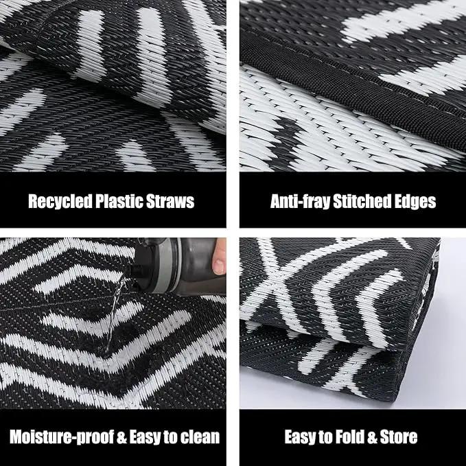 Outdoor Rug Mats, Large Waterproof Outdoor Area Rug, Reversible Portable Outdoor Plastic Straw Carpet for RV Deck Camping Front Door Indoor Outside Porch Picnic (5x8ft Geometric Black&White) by GreenHaven Gardens