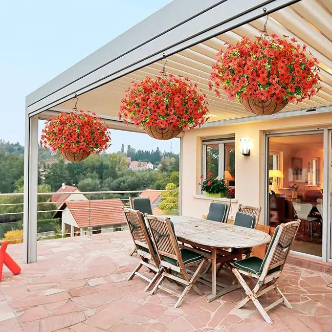 Artificial Faux Hanging Plants Flowers Basket Outdoor Porch Garden Spring Decoration, Fake Silk Daisy in Planter Realistic UV Resistant for Outside Home Patio Balcony Yard(Red) by GreenHaven Gardens