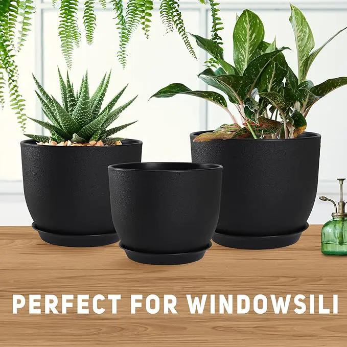 Plant Pots 10/9/8/7.5/7 inch Set of 5,Flower Pots with Multi Mesh Drainage Holes, Large Planters for Indoor Outdoor Garden Plants and Flowers. (Black) by GreenHaven Gardens