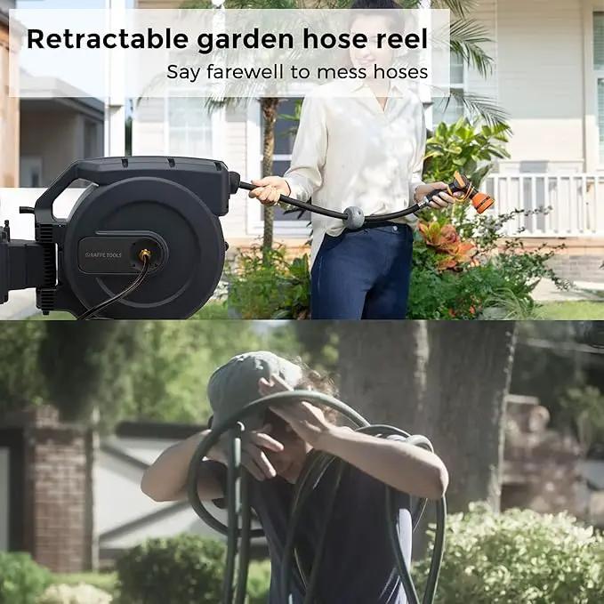 Giraffe Tools AW505/8 Retractable Garden Hose Reel 5/8" x 115+5 ft, Heavy Duty Wall Mounted Water Hose Reel Automatic Rewind, 180 Deg Swivel Bracket, Slow Retraction, 115ft, Dark Grey by GreenHaven Gardens