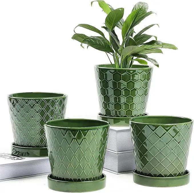 Plant Pots Indoor –5 inch Ceramic Flower Pot with Drainage Hole and Ceramic Tray - Gardening Home Desktop Office Windowsill Decoration Gift, Set of 4-Plants NOT Included (Patina) by GreenHaven Gardens