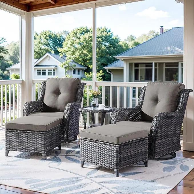 5 Pieces Patio Furniture Sets Wicker Outdoor Furniture, Rattan Patio Swivel Glider Chairs with 2 Ottoman and Glass Side Table by GreenHaven Gardens