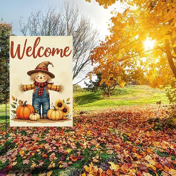 Fall Welcome Garden Flag Autumn Thanksgiving Scarecrow Garden Flag 12x18 inch Double Sided Fall Thankful Flags Holiday Decorations for Yard Lawn Patio (Flay 1810) by GreenHaven Gardens