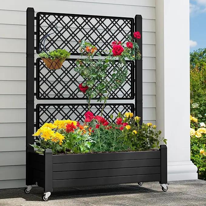 YITAHOME 3.6x1.5x5 FT Planter Box Trellis with Wheels, Large Outdoor Plastic Raised Garden Bed with Drain Plug for Climbing Plants, Black by GreenHaven Gardens