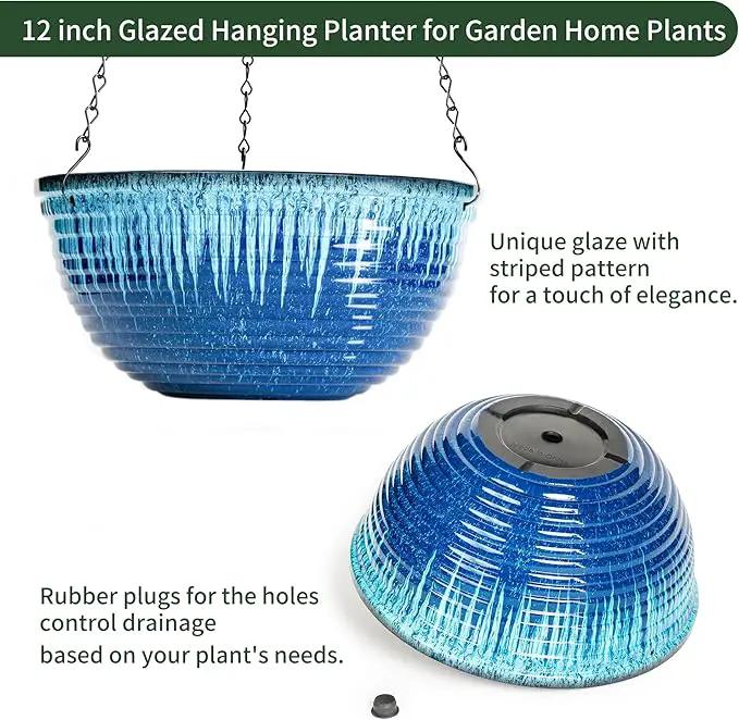 12 inch Hanging Planters for Indoor Outdoor Plants, 2 Pack Large Hanging Flower Pots with Drainage Holes and Chain, Glazed Hanging Baskets for Home Garden Decoration (Blue Flow Glaze) by GreenHaven Gardens