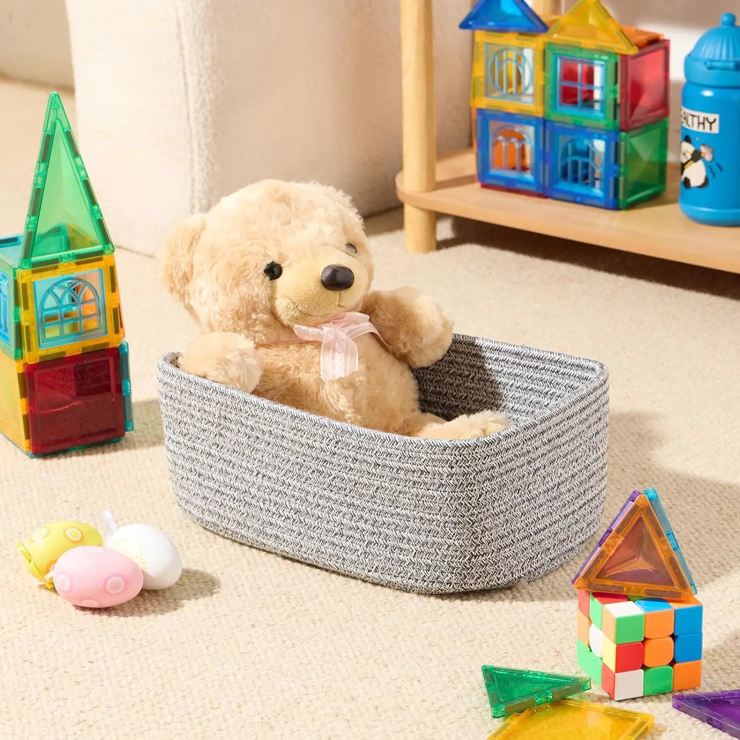 Small Storage Baskets for Organizing | Closet Organizer Bins | Shelf Toy Basket | Woven Rope Baskets | Cube Decorative Box | Shallow Basket | 11.5x7.5x4.7” | 3 Packs Mixed Grey by GreenHaven Gardens