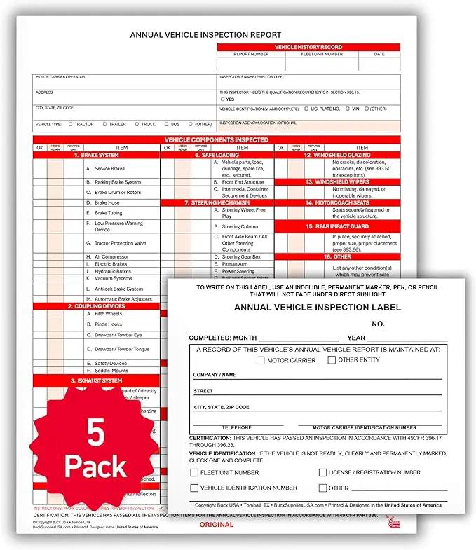 5 Pack 3-Ply Carbonless Annual Vehicle Inspection Report Forms with FMCSA 2-Ply Mylar Laminate Adhesive Vinyl Labels, DOT Inspection Forms and Stickers, Shrink-Wrapped, 8.5" x 11.75" - Made in USA by GreenHaven Gardens