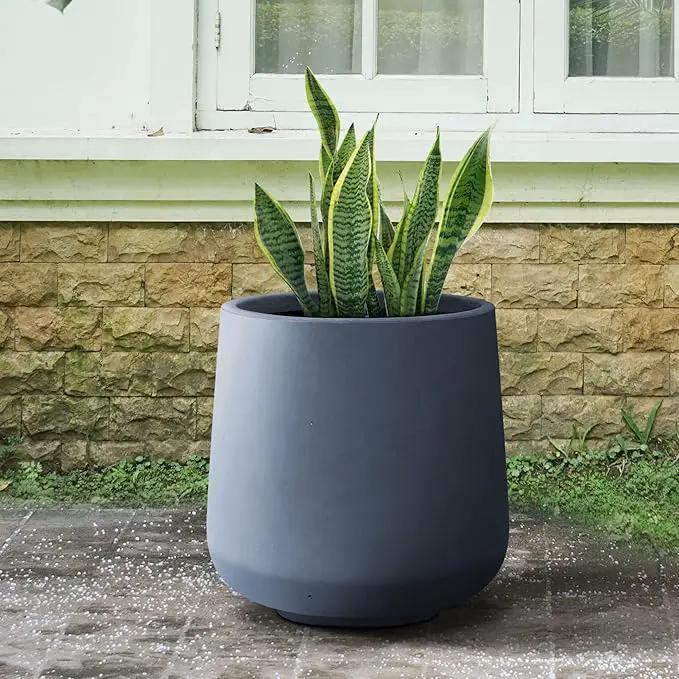 Kante 15.3" Dia Round Concrete Planter, Outdoor Indoor Large Plant Pots Containers with Drainage Hole and Rubber Plug for Home Garden Patio, Charcoal by GreenHaven Gardens