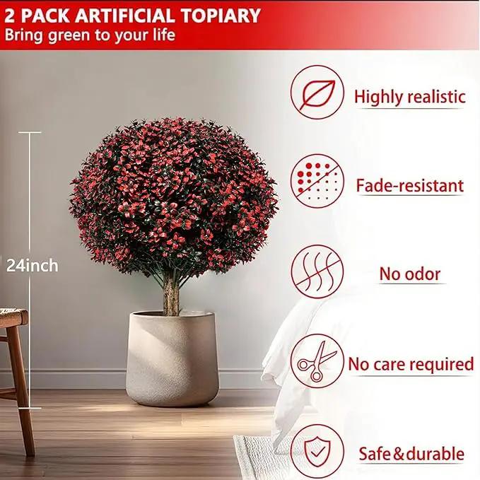 Fall Artificial Topiary Ball Boxwood Tree Outdoor with Spike,Set of 2 Large Faux Shrubs Bushes for Outdoor Planter,UV Resistant Autumn Fake Boxwood Plants for Potted Porch Indoor 24" by GreenHaven Gardens