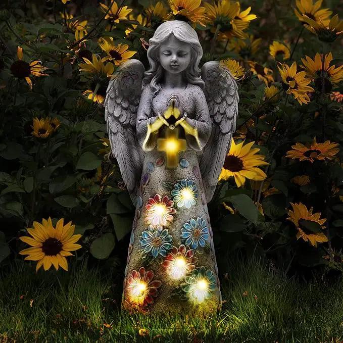Angel Garden Figurine Outdoor Statue, Solar Garden Sculpture with 7 LEDs Welcome Sign Resin Praying Angel Art Decor for Patio Lawn Yard Porch Decoration, Housewarming Gift by GreenHaven Gardens