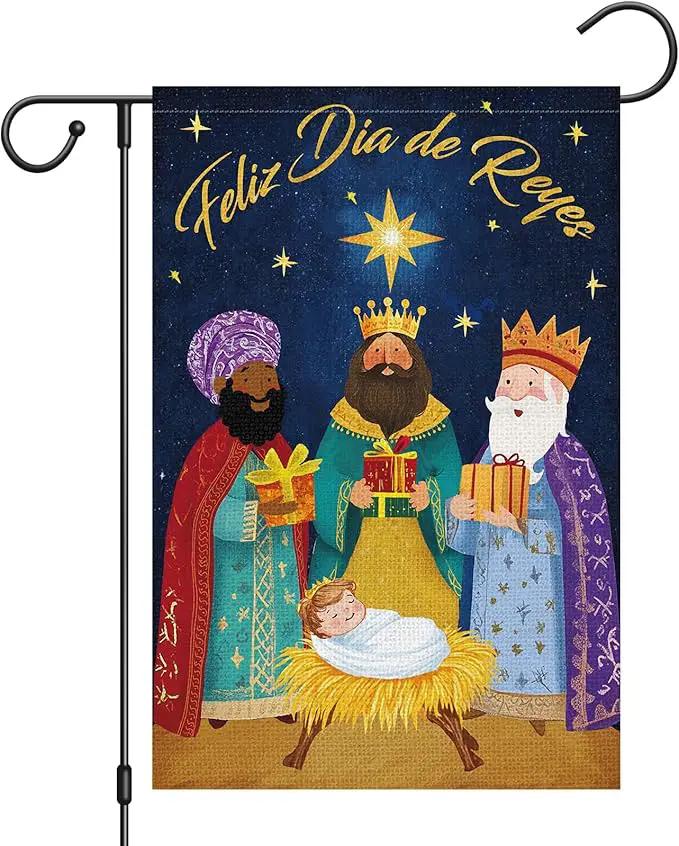 Heyfibro Feliz Dia De Reyes Garden Flag Three Kings Christmas Flags 12 x 18 Inch Double Sided Burlap,Nativity Christ Yard Banner for Xmas Winter Farmhouse Seasonal Decor(ONLY FLAG) by GreenHaven Gardens