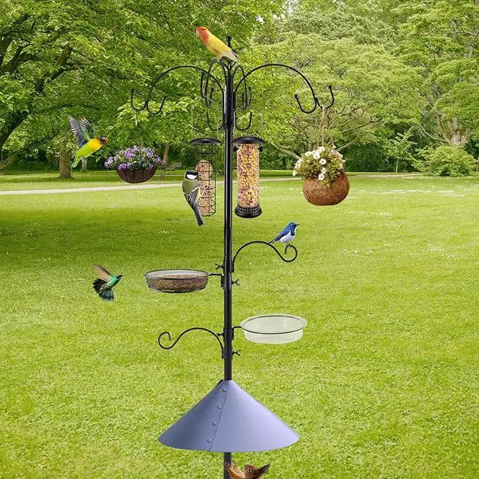 Deluxe Bird Feeding Station Kit Bird Feeder Pole with Squirrel Baffle, Suet Cage, Bath Tray for Planter Hanger - Wildlife-Friendly Design by GreenHaven Gardens