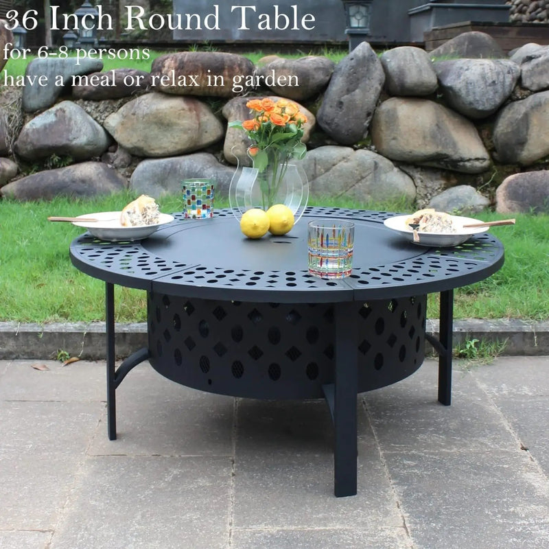 36 Inch Fire Pit with 2 Grills, Wood Burning Fire Pits for Outside with Lid, Poker and Round Waterproof Cover, BBQ& Outdoor Firepit & Round Metal Table 3 in 1 for Patio, Picnic, Party by GreenHaven Gardens