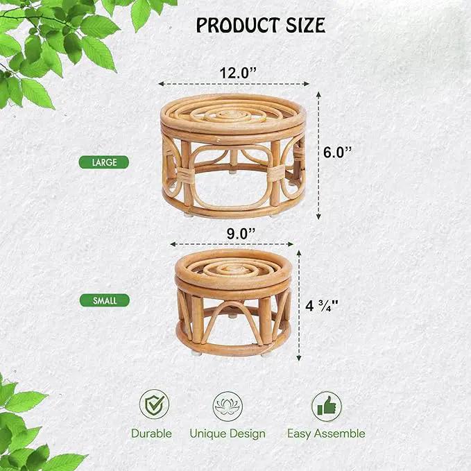 Set of 2 Boho Rattan Woven Round Decorative Risers Plant Stands Indoor, Mid Century Minimalist Modern Plant Stand, Wicker Short Plant Stand Holder Suitable Fits 8'' and 12'' Pots by GreenHaven Gardens