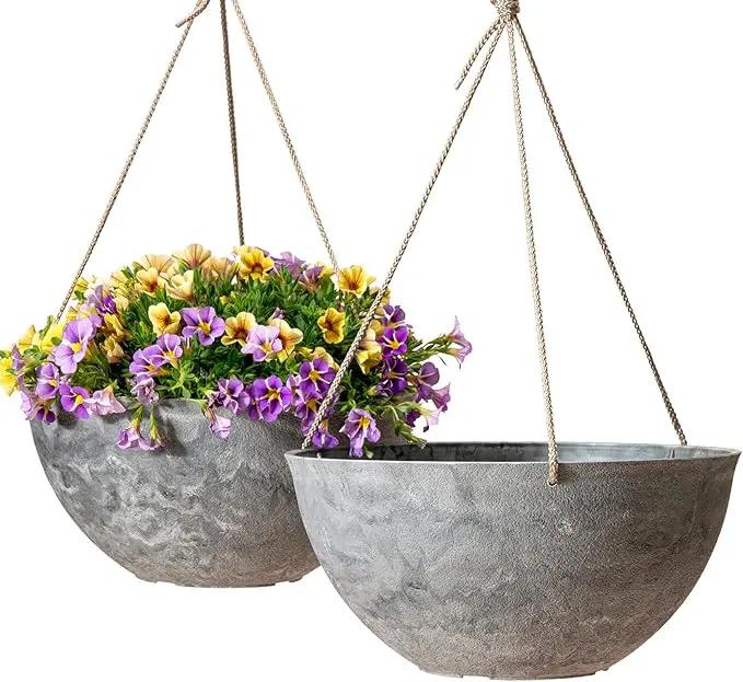 LA JOLIE MUSE Large Hanging Planters for Indoor Outdoor Plants, Hanging Flower Pots Marble Pattern (13.2 Inch,Set of 2) by GreenHaven Gardens