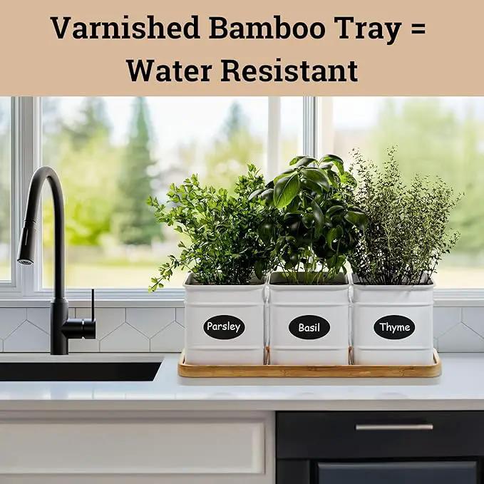 Herb Planter Indoor - 3 Iron Herb Pots with Drainage Holes, Varnished Bamboo Tray, Customizable Labels & Marker Pen - Indoor Herb Garden Planter - 3 Pots for Herbs - Inside Spice Garden - Basil Pot