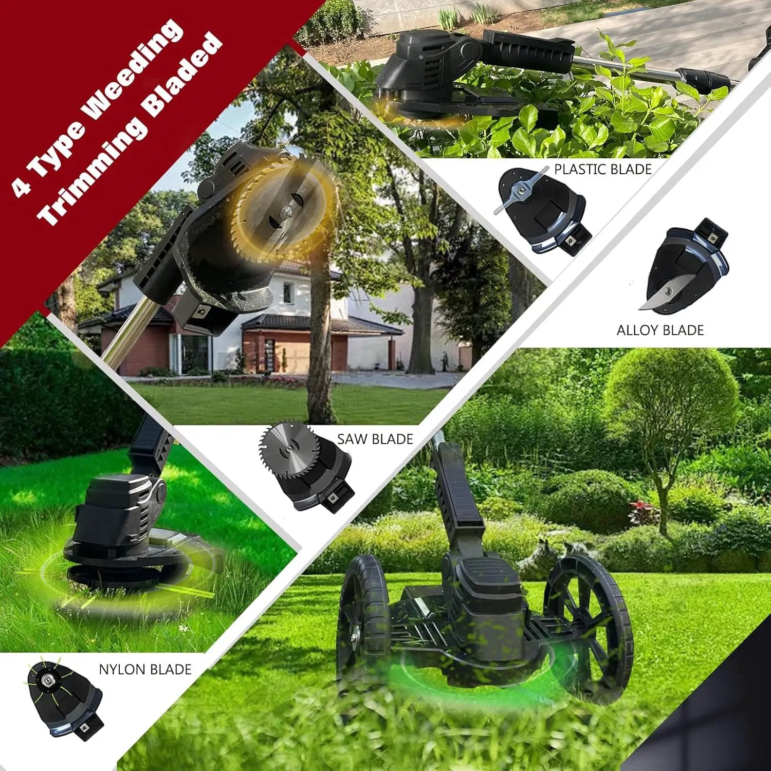 Electric Weed Wacker Eater Cordless Battery Powered, Weed Trimmer 21V Lightweight No-String with 2 Battery Operated & Wheels, 3 in 1 Stringless Grass Trimmer/Edger/Brush Cutter for Garden Yard Lawn by GreenHaven Gardens