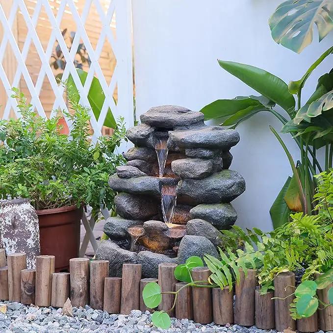 4-Tier Rock Water Fountain Outdoor Waterfall Garden Decor, 23.4" Cascading Waterfall With LED Lights for Patio, Lawn, Backyard, and Home, Faux Stone Design by GreenHaven Gardens