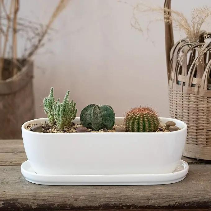 Oval Ceramic Planter Pot with Drainage Hole Saucers 11 Inch Succulents Planter Home Decor for Indoor Outdoor Plants Herb Cactus with 3 Mesh Pads, Plants Not Included by GreenHaven Gardens