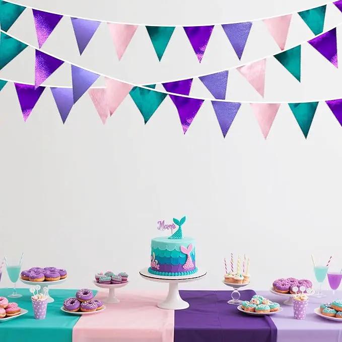 Mermaid Party Decorations Purple Pink and Teal Aqua Metallic Fabric Triangle Pennant Banner Flag Bunting Garland for Mermaid Under the Sea Birthday Wedding Baby Shower Engagement Party Supplies by GreenHaven Gardens