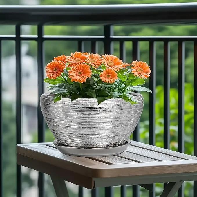 Flower Pot for Indoor Plants - Ceramic Planter 11 Inch Plant Pot with Drainage Hole and Saucer Large Decorative Planter Outdoor Mid-Century Planter for House Decor Silver by GreenHaven Gardens