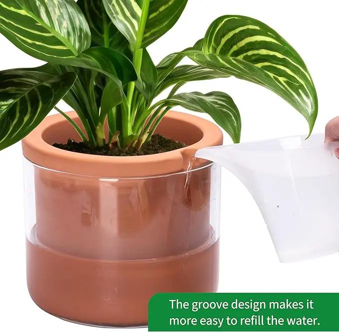 Phoenix Vine 8 Inch Self Watering Planter Pots, Design White Terracotta Pots for Plants, Indoor Cylinder Terra Cotta Pots with Glass Vase, Set of 1, 51-A-H-1 by GreenHaven Gardens