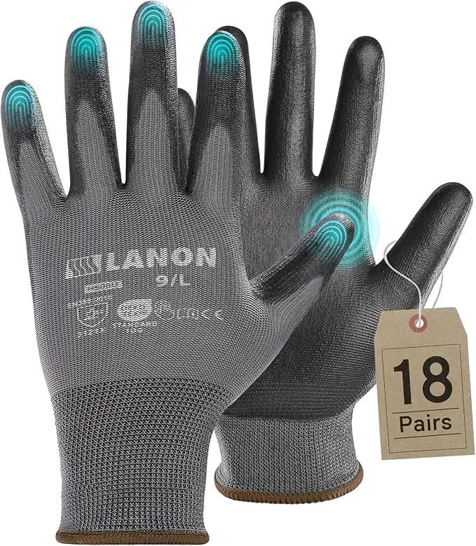LANON 18 Pairs Safety Work Gloves, Mechanic Working Gloves for Men,Breathable PU Coated, Seamless Knit,Double Wash, Grey, Large by GreenHaven Gardens