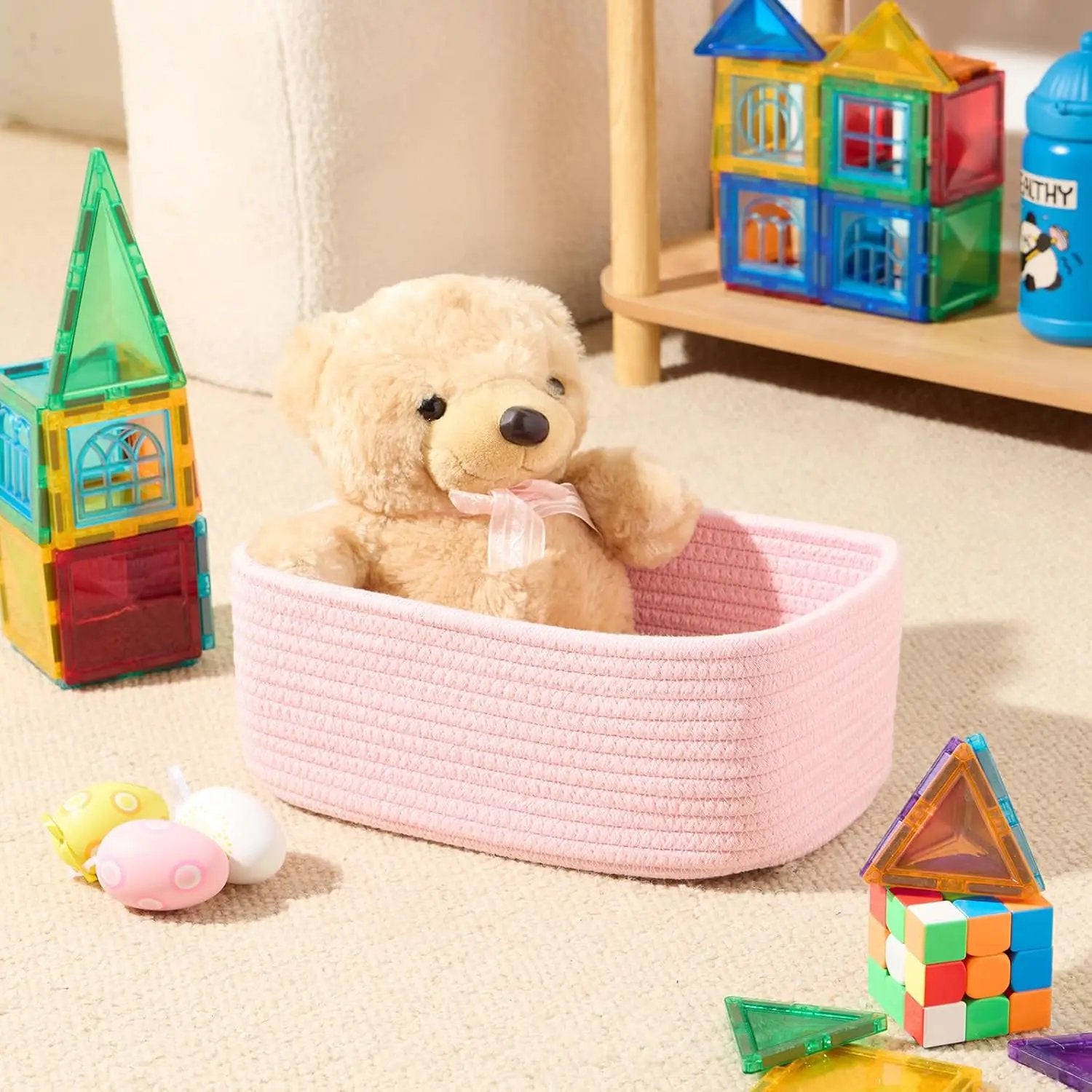 Small Storage Baskets for Organizing | Closet Organizer Bins | Shelf Toy Basket | Woven Rope Baskets | Cube Decorative Box | Shallow Basket | 11.5x7.5x4.7” | 3 Packs Light Pink by GreenHaven Gardens