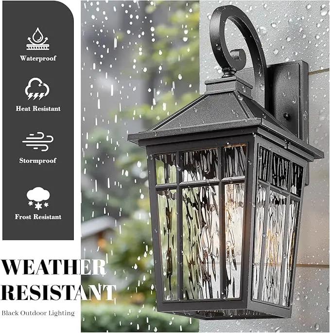 Outdoor Wall Lights 14 Inch Exterior Waterproof Lighting Fixtures Aluminum Material and Water Ripple Glass E26 Socket Black Outdoor Lights for House Garages by GreenHaven Gardens