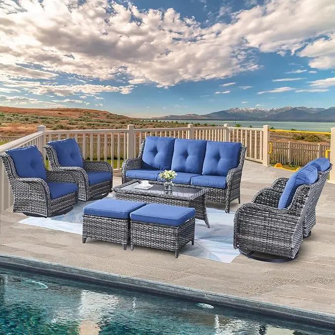 Wicker Patio Furniture Sets - 8 Piece Rattan Outdoor Furniture Conversation Sets with 4 Swivel Rocker Chairs, Rattan Sofa, Wicker Ottomans and Coffee Table, Mixed Grey/Blue by GreenHaven Gardens