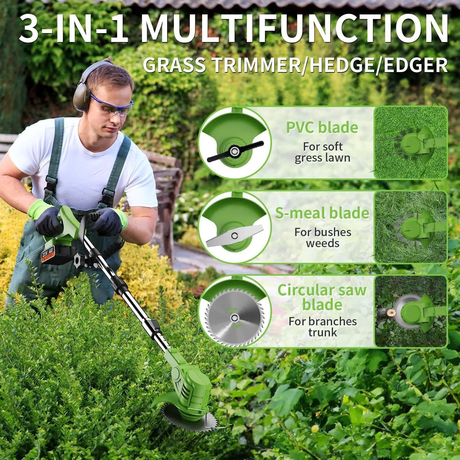 21V Electric Weed Wacker Eater Battery Powered, Cordless Weed Trimmer with 2 Battery Operated & Wheels, 3 in 1 Lightweight Grass Trimmer/Edger/Brush Cutter for Garden Yard Lawn by GreenHaven Gardens