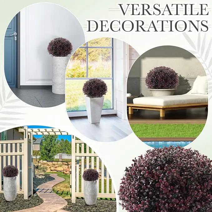 Yunlly 4 Pack 18" Artificial Boxwood Ball Bush Topiary Trees Fake Outdoor Plants, Realistic UV Resistance Faux Shrubs with Spike Greenery Topiary for Front Porch Garden Yard Patio Indoor (Dark Purple) by GreenHaven Gardens