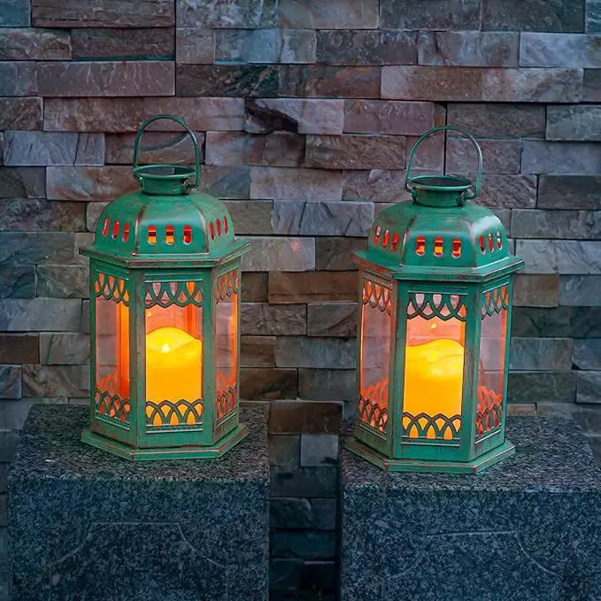 SteadyDoggie Solar Lanterns 2 Pack Green - Hanging Solar Lights with Flickering Candle LED - Retro Ornate Hanging Solar Lantern with Handle by GreenHaven Gardens