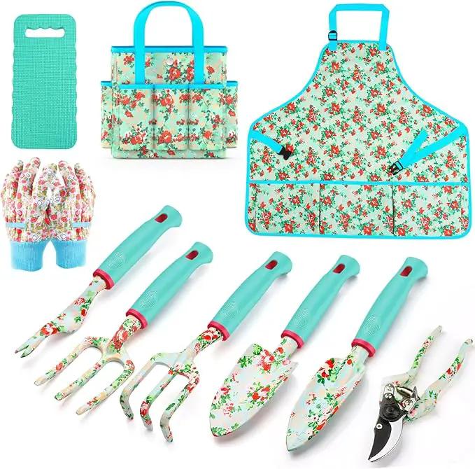 Garden Tools Set WANCHI 10 Piece Heavy Duty Floral Garden Tool Set Gardening Gifts for Women Men Birthday Rust-Proof Aluminum Garden Hand Tools Gardening Kit with Tote Bag Apron Glove by GreenHaven Gardens