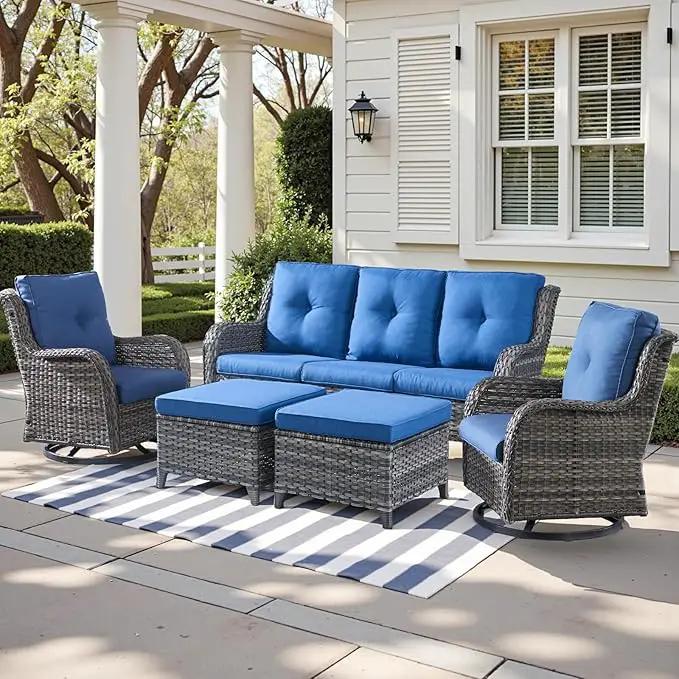 Outdoor Wicker Patio Furniture Set - 5 Piece Rattan Patio Conversation Set with 2 Rocking Swivel Chairs,2 Ottomans and 1 Sofa for Porch Deck Backyard Garden(Mixed Grey/Blue) by GreenHaven Gardens