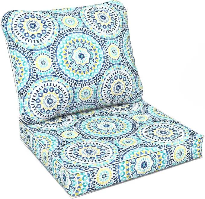 LVTXIII Outdoor Deep Seat Cushion Patio Seat and Back Cushion Set Seasonal Chair Cushion with Removable Cover and Adjustable Buckle for Home and Garden, 24"x24"x4", Delancey Lagoon by GreenHaven Gardens