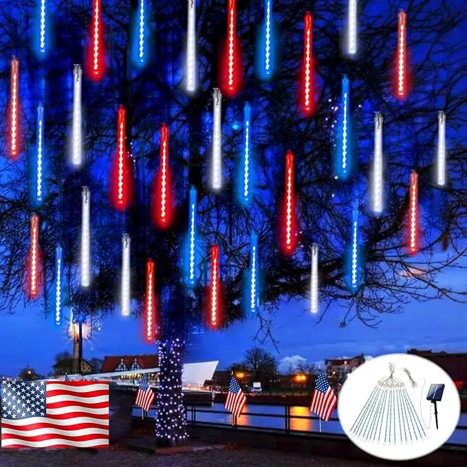 4th of July Decorations Outdoor, Red White and Blue Solar Meteor Shower Lights, 18 Tubes 432 LEDs 4th of July Lights Waterproof, Patriotic Lights String for Independence National Memorial Day Decor by GreenHaven Gardens