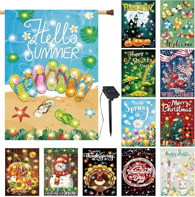 12 Pcs Solar Seasonal LED Garden Flags 28 x 40 Inch Double Sided Yard Flags Spring Easter Halloween Fall Thanksgiving Day Decorations Welcome Garden Flag Lawn Yard Outdoor Holiday Decoration by GreenHaven Gardens