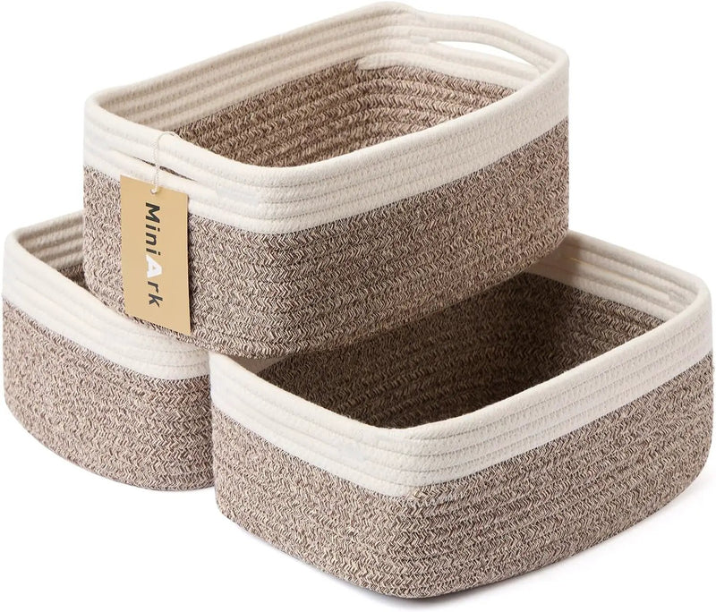 Small Storage Baskets for Organizing | Closet Organizer Bins | Shelf Toy Basket | Woven Rope Baskets | Cube Decorative Box | Shallow Basket | 13x8.5x5.1” | 3 Packs White Brown by GreenHaven Gardens