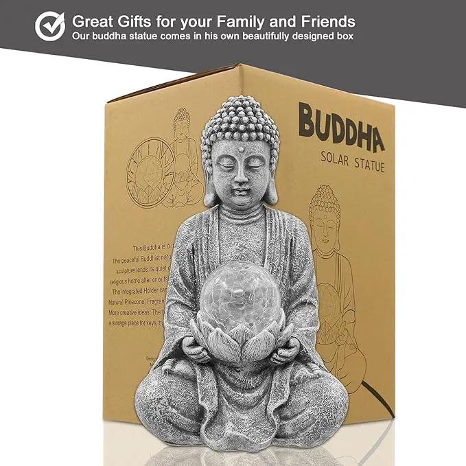 Nacome Meditating Buddha Statue with Solar Light,Zen Solar Garden Buddha with Cracked Glass Ball Sculpture-Indoor/Outdoor Decor for Balcony,Garden,Patio,Porch Yard Art Ornament,Gift by GreenHaven Gardens