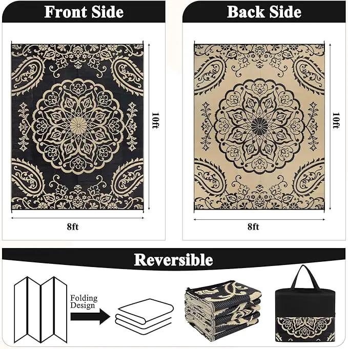 Pauwer Waterproof Outdoor Rug 8x10, Reversible Plastic Straw Patio Camping Rug, Indoor Outdoor RV Mat Carpet for Deck, Camper, Porch, Balcony, Backyard, Picnic, Boho Black Brown by GreenHaven Gardens