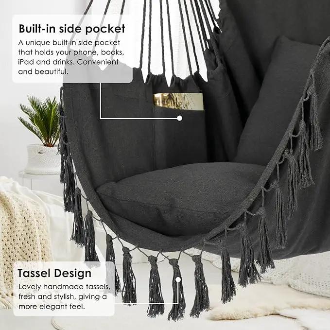 Y- STOP Hammock Chair Hanging Rope Swing, Max 500 Lbs, 2 Cushions Included, Large Macrame Hanging Chair with Pocket, Cotton Weave for Superior Comfort, Durability (Dark Grey) by GreenHaven Gardens