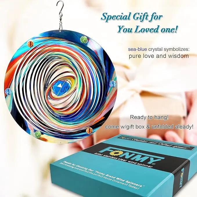 FONMY Mandala Wind Spinner w/Crystal Ball-Blue Plenet 3D Stainless Steel Hanging Spinners Worth Gift Christmas Decoration Indoor/Outdoor Garden Décor Kinetic Yard Art 12 Inches Wind Sculpture by GreenHaven Gardens