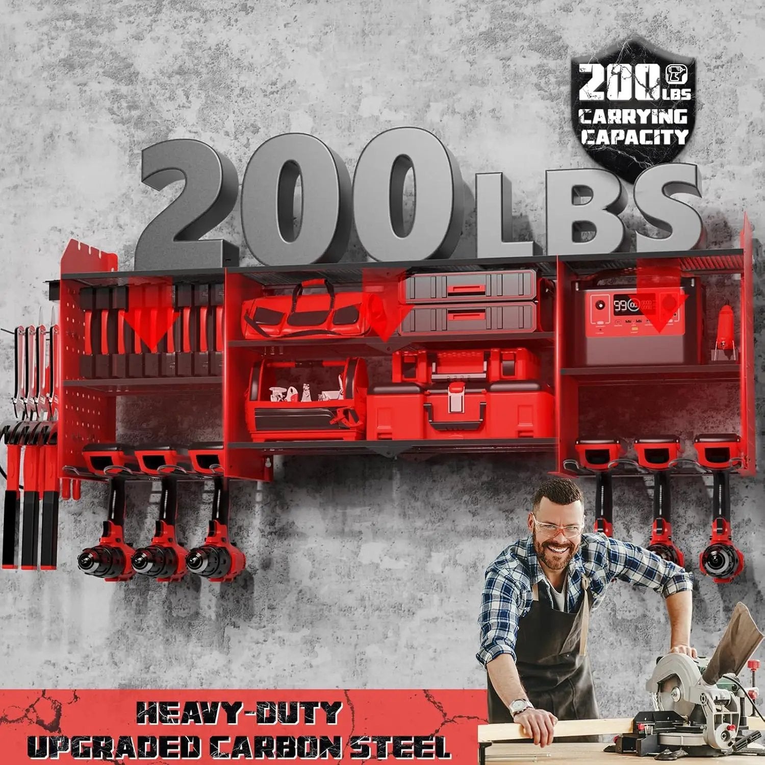 Power Tool Organizer Wall Mount with Charging Station, 45.5" Expanded Garage Wall Tool Organizer with 4 Pegboard Hooks, 6.5FT Outlet Power Strip, Large Garage Storage Rack for Impact Wrenches by GreenHaven Gardens