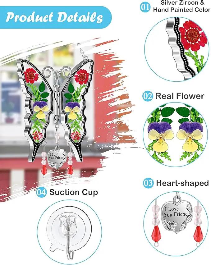 KY&BOSAM Butterfly Suncatcher I Love You Friend Gift Stain Glass Sun Catcher for Window Hanging Wind Chime with Pressed Flower Wings in Glass and Heart Charm Birthday Gift for Mother`s Day Christmas by GreenHaven Gardens
