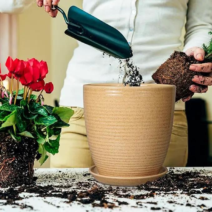 Ceramic Pot for Plants - 10 Inch Plant Pot with Drainage Hole and Saucer Outdoor Planter for Indoor Plants Round Flower Pot for Home Patio Garden Office Yellow by GreenHaven Gardens